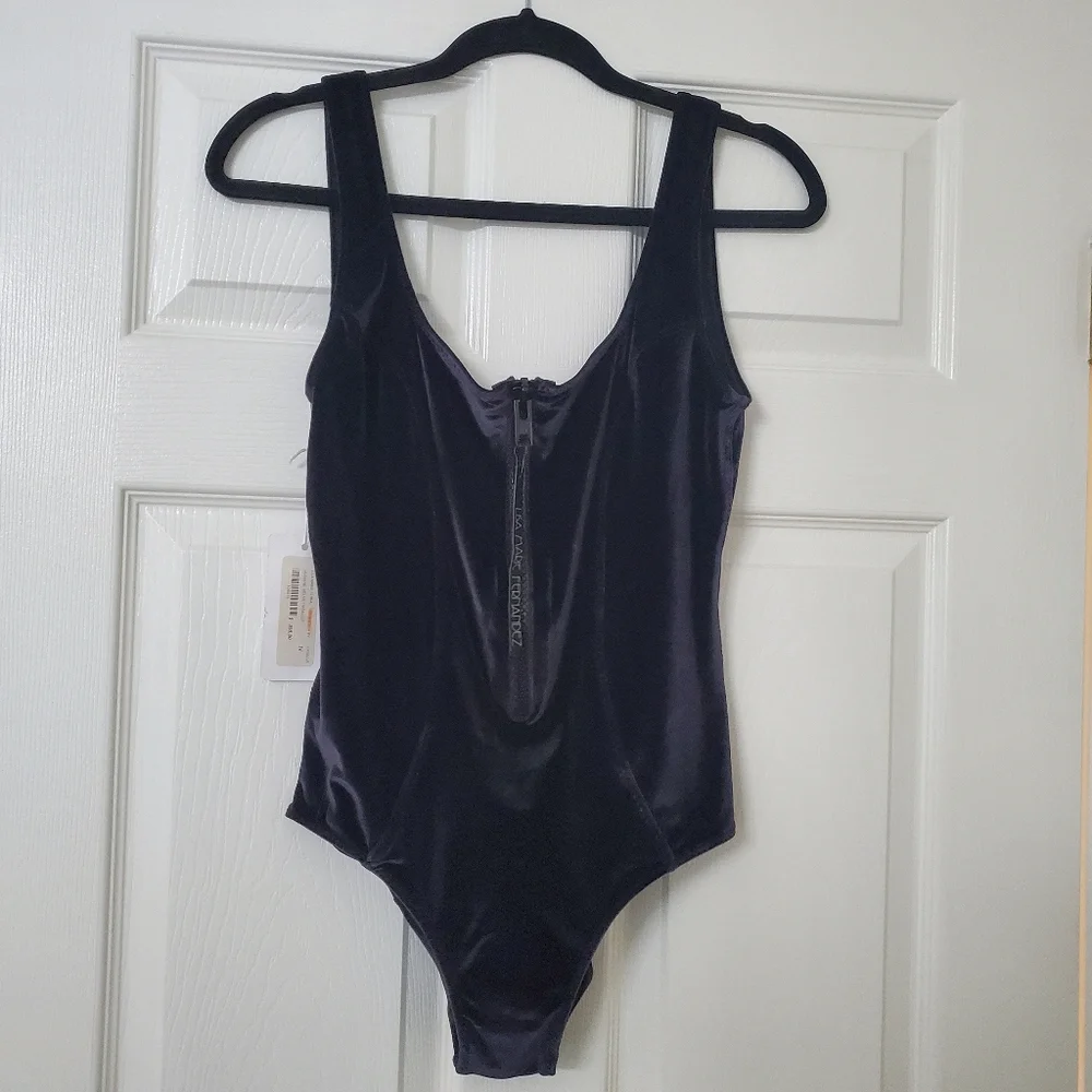 Lisa Marie Fernandez Black Zip Up Velvet Bodysuit Swimsuit - Picture 2 of 5